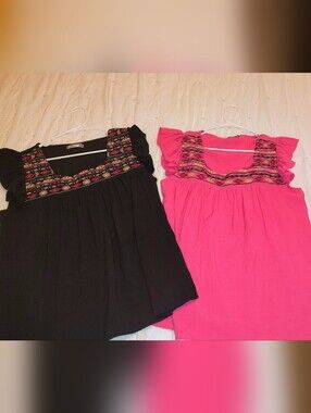 2 Adorable Embroidered Square-Neck Blouses - Black and Hot Pink